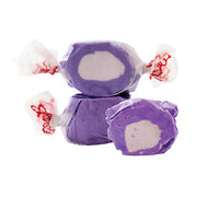 Taffy Huckleberry: purple and white candies in clear cellophane with red branding