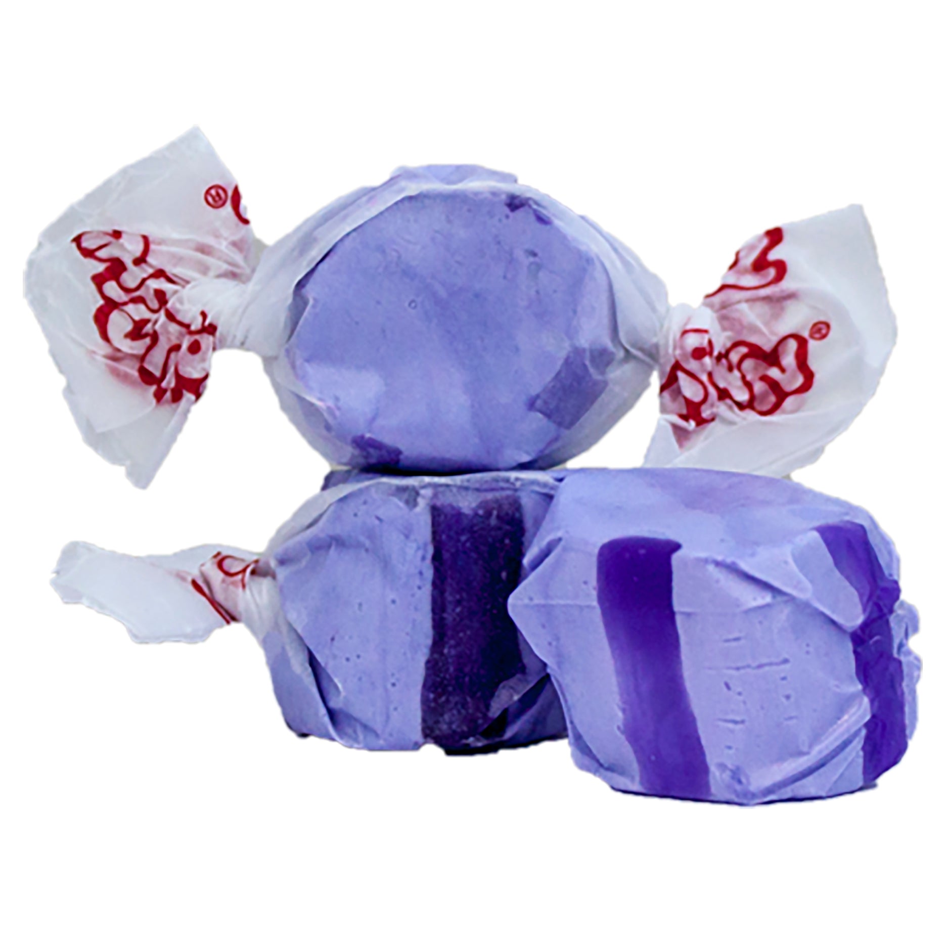 Purple wrapped Taffy Grape candies with red logo on white paper