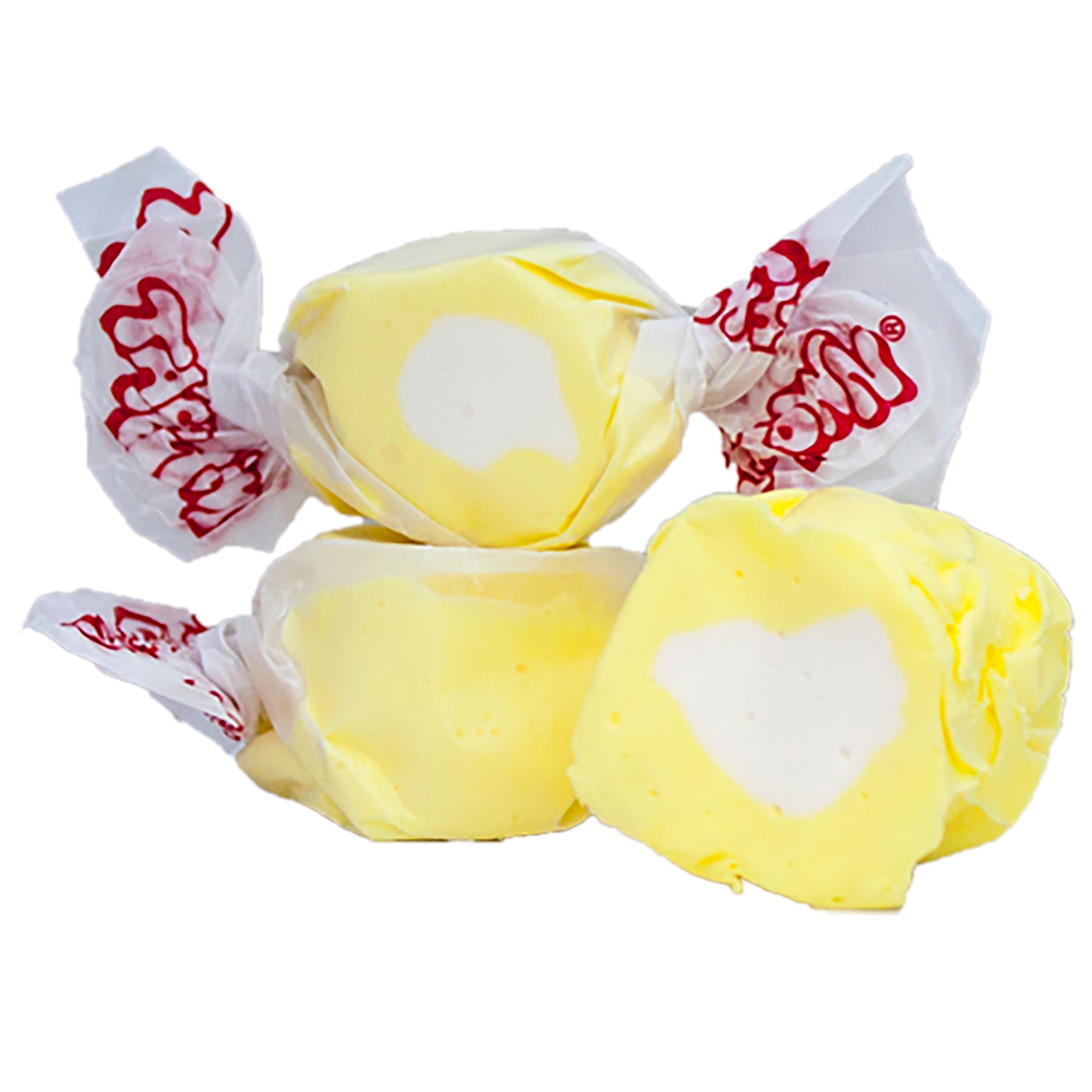 Taffy Lemon Cream: yellow and white heart-shaped candies in crinkled paper