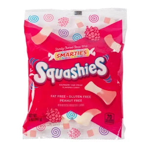 Pink and white Smarties Squashies candy peg bag with raspberry swirls