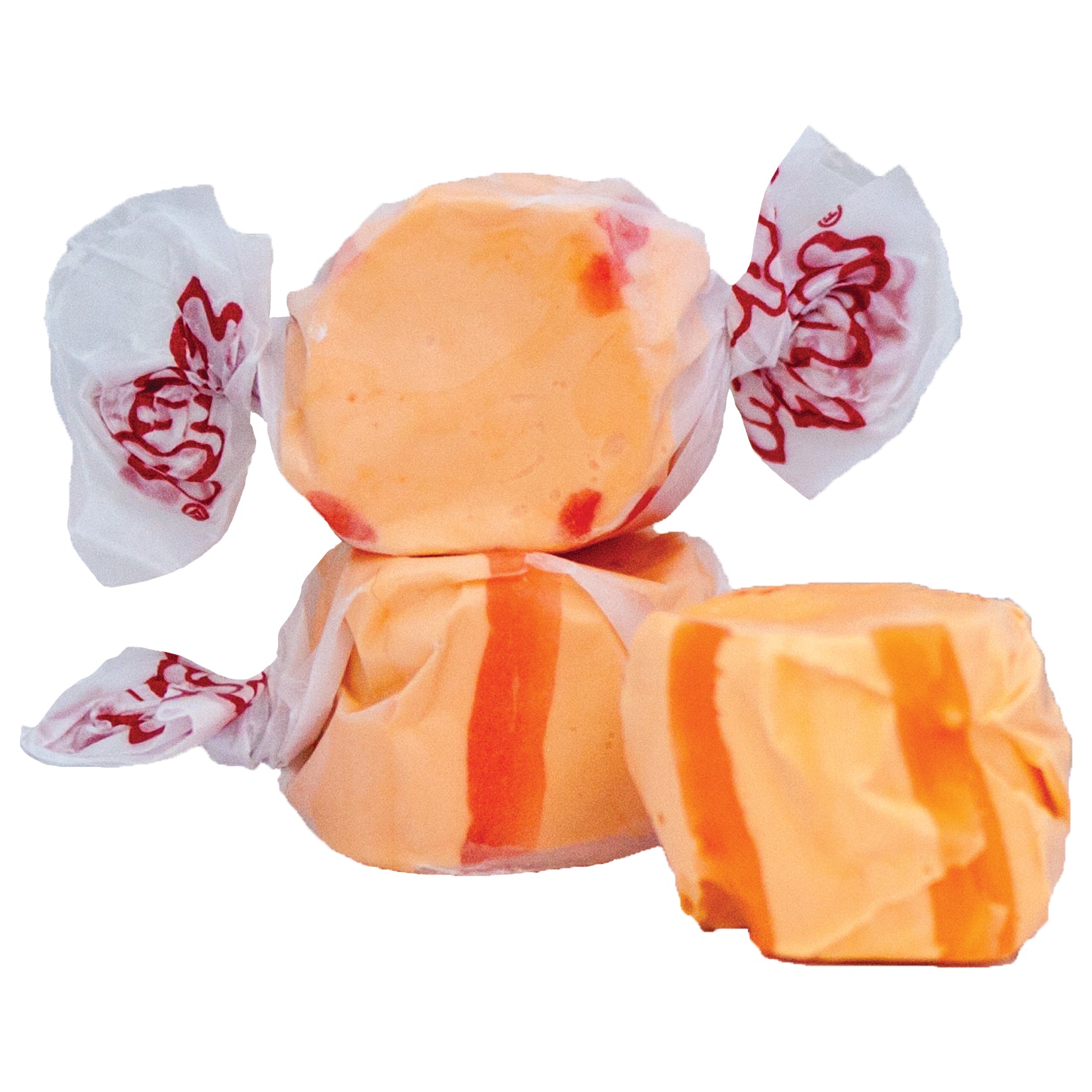 Taffy Orange: orange and red striped taffy in white paper with red logo