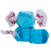 Blue wrapped raspberry taffy candies in red and white patterned paper