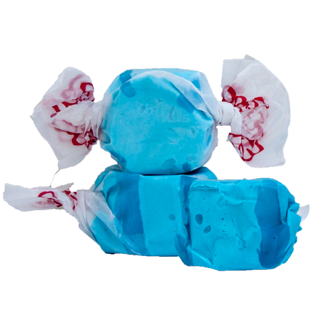 Blue wrapped raspberry taffy candies in red and white patterned paper