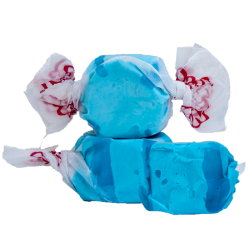 Blue wrapped raspberry taffy candies in red and white patterned paper