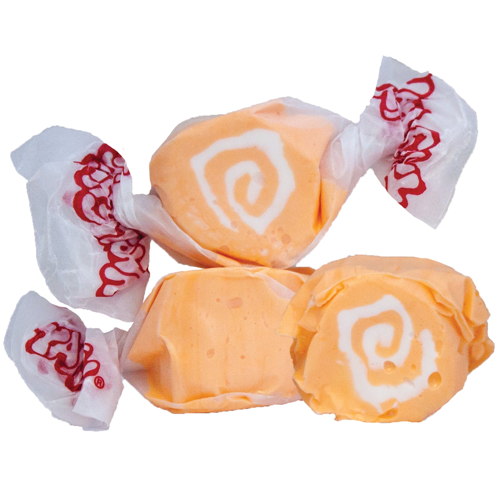 Orange and white swirled Taffy Orange Cream candies in clear cellophane