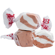 Taffy Coconut: chocolate and white swirl taffy in glossy red-embossed wrappers