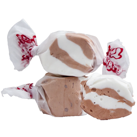 Taffy Coconut: chocolate and white swirl taffy in glossy red-embossed wrappers
