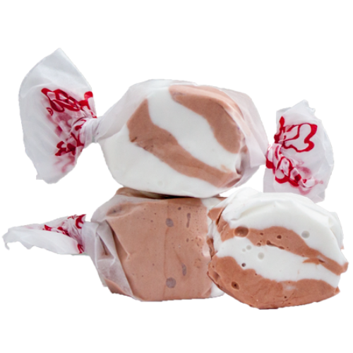 Taffy Coconut: chocolate and white swirl taffy in glossy red-embossed wrappers