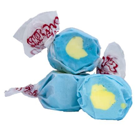 Taffy Passion Fruit: blue and yellow swirl candy in white paper with red lettering