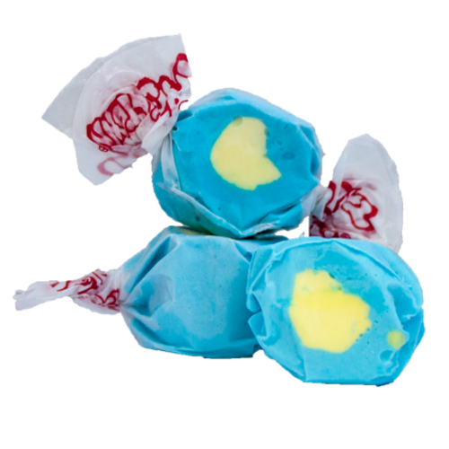 Taffy Passion Fruit: blue and yellow swirl candy in white paper with red lettering