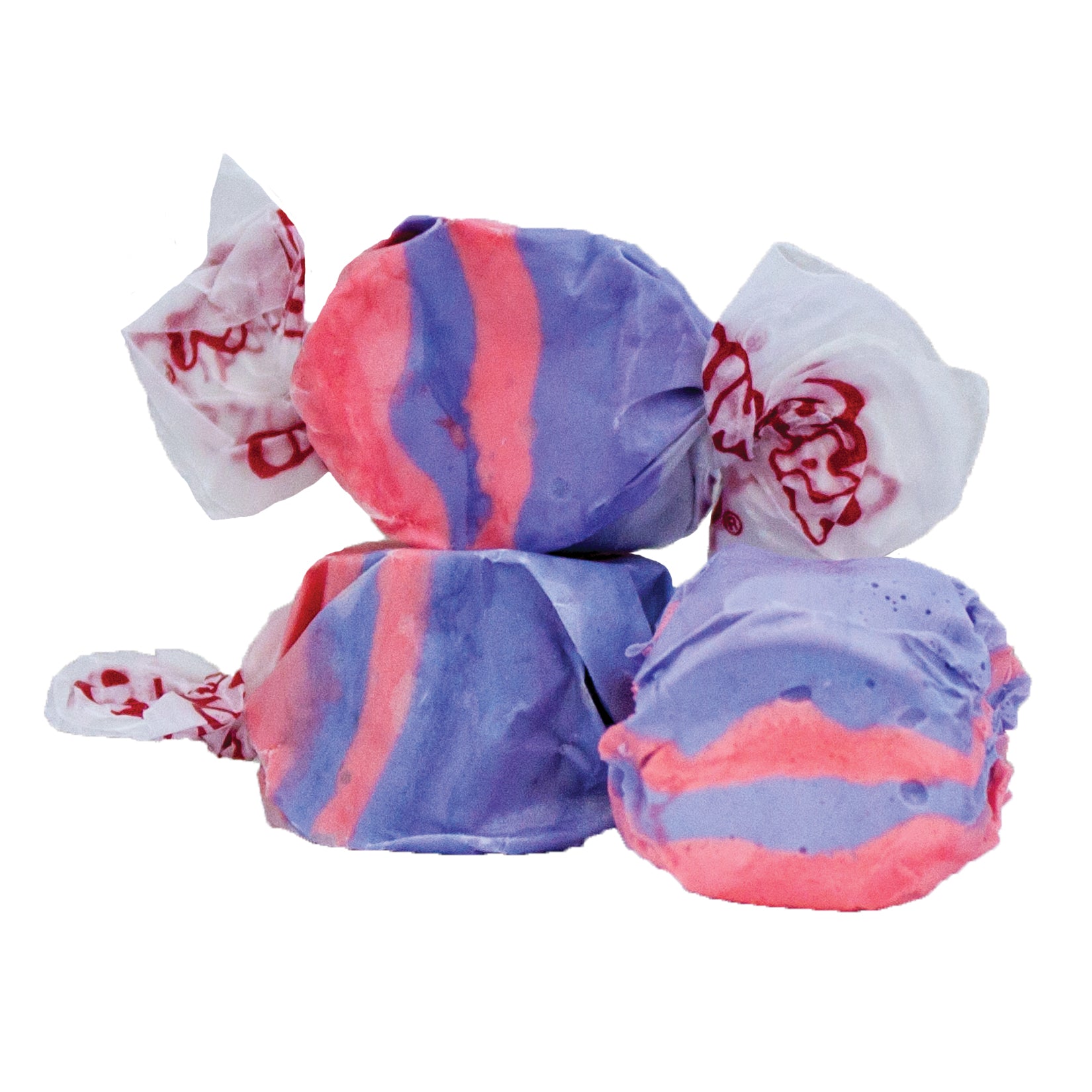 Taffy Tropical Punch: pink and purple swirled taffy in white paper with red branding