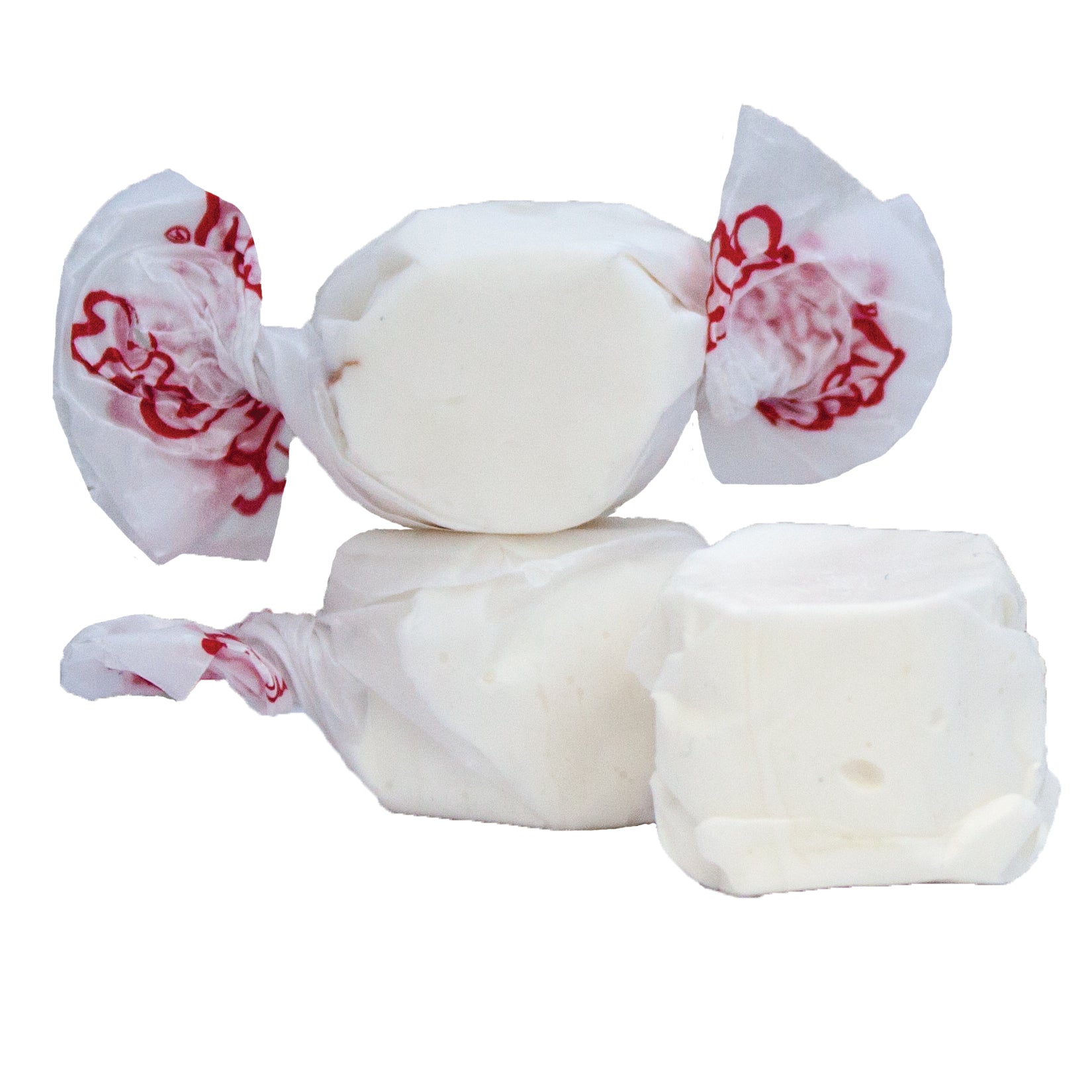 White Taffy Vanilla candies wrapped in translucent paper with red branding