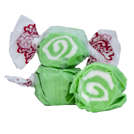 Green and white swirled Taffy Key Lime candies in decorative wraps