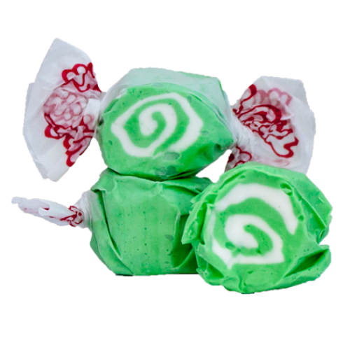 Green and white swirled Taffy Key Lime candies in decorative wraps