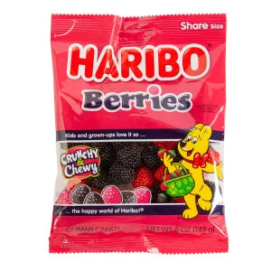 Haribo Berries gummy candies in red plastic peg bag with yellow bear holding basket