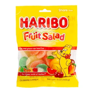Haribo Fruit Salad Gummi Peg Bag with colorful fruit gummies