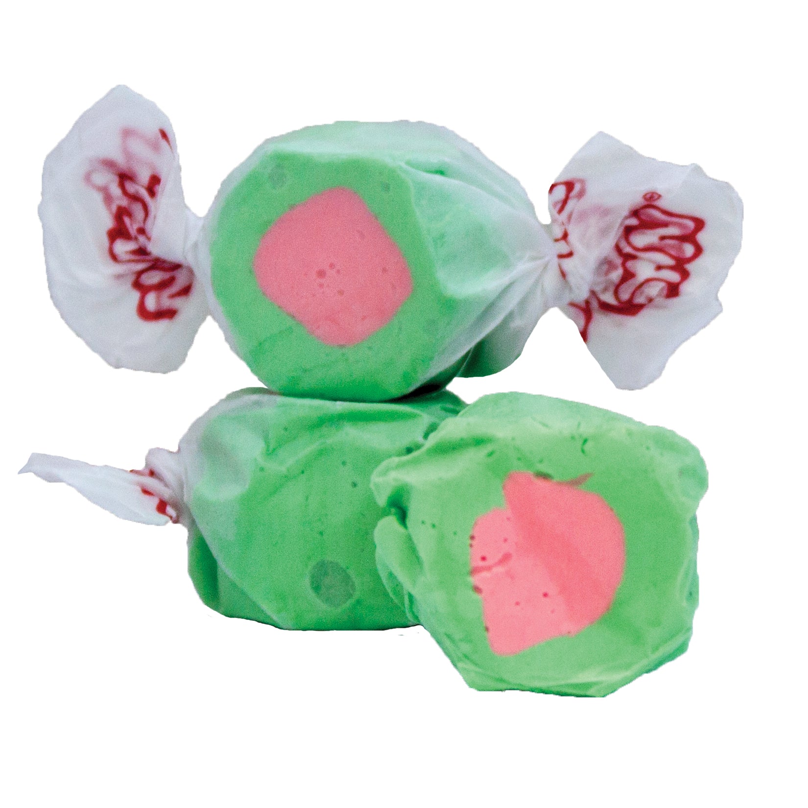 Green and pink watermelon taffy in white paper with red branding