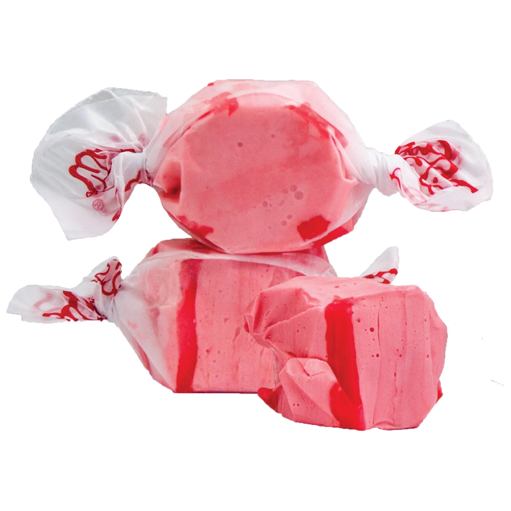 Taffy Strawberry: pink and red striped taffy in clear cellophane with white twist tie