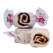 White and brown swirled taffy candies in Taffy Cinnamon Roll wrappers
