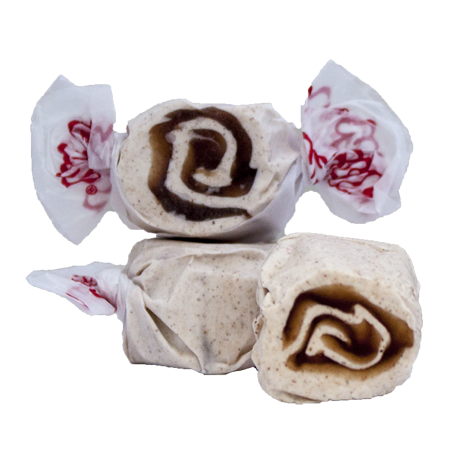 White and brown swirled taffy candies in Taffy Cinnamon Roll wrappers