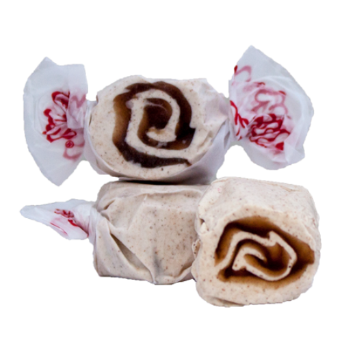 White and brown swirled taffy candies in Taffy Cinnamon Roll wrappers