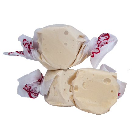 Cream-colored glossy Taffy Honey candies wrapped in white paper with red cursive lettering