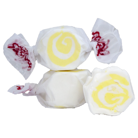 Taffy Pina Colada white and yellow swirl candy in crinkled floral paper