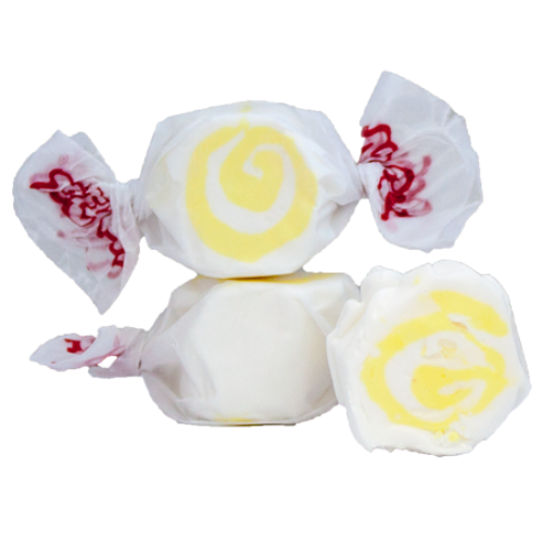 Taffy Pina Colada white and yellow swirl candy in crinkled floral paper