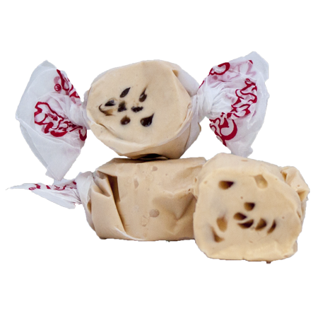 Cream-colored chocolate-filled taffy candies in Taffy Chocolate Chip Cookie wraps