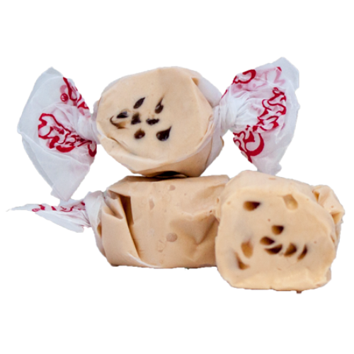Cream-colored chocolate-filled taffy candies in Taffy Chocolate Chip Cookie wraps