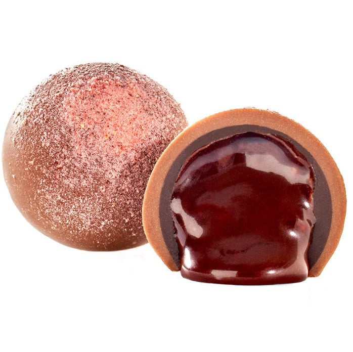 Milk Chocolate Strawberry Truffle with glossy dark chocolate exterior and pink sugar crystals