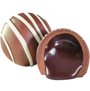 Rich dark chocolate Milk Root Beer Float truffle with glossy finish and white stripes
