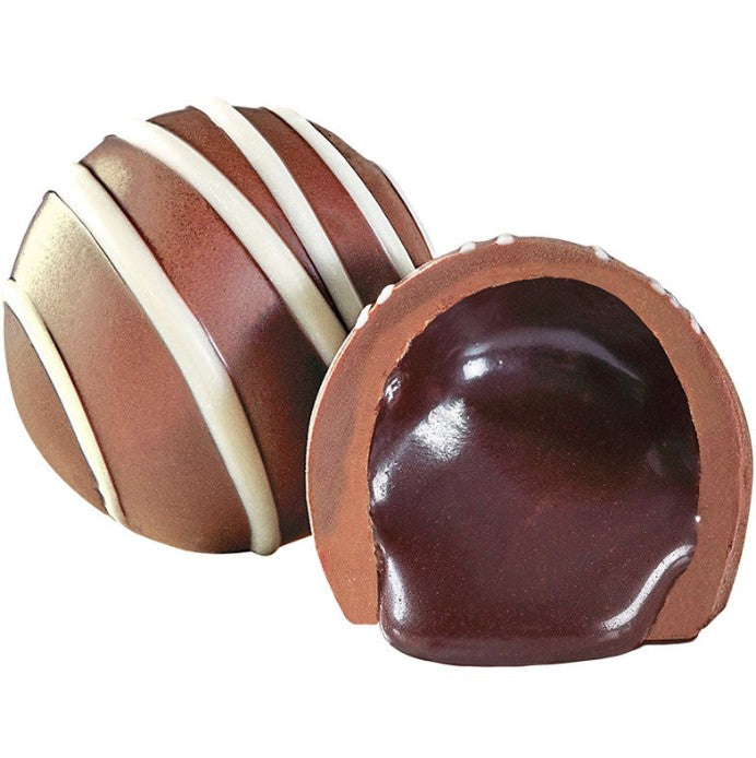Rich dark chocolate Milk Root Beer Float truffle with glossy finish and white stripes