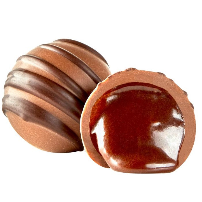 Glossy Milk Swiss Chocolate Truffle with ribbed exterior and smooth interior