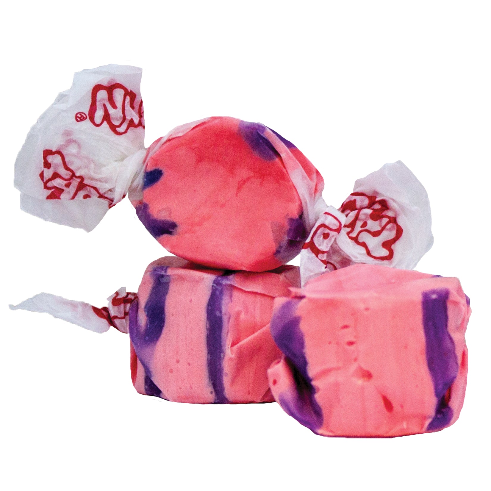 Pink and purple swirled Taffy Pomegranate candies in white paper with red branding