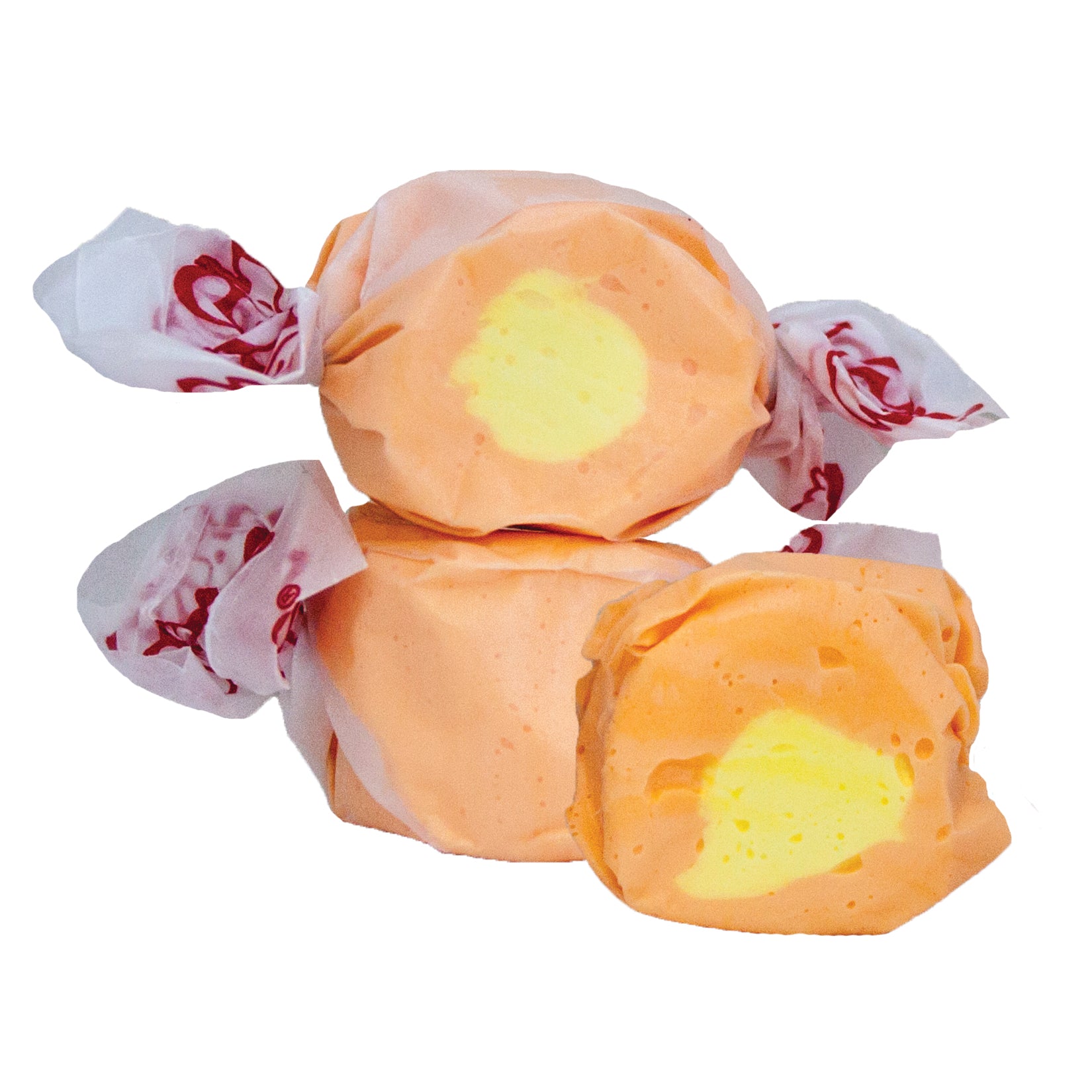Taffy Mango: orange and yellow taffy in white paper with red florals