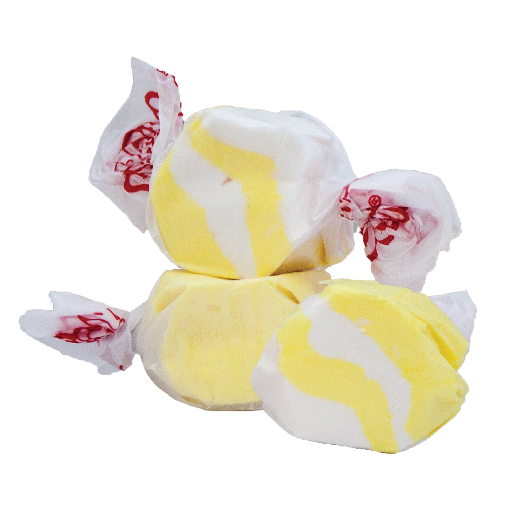 Yellow and white swirled taffy candies in Taffy Butter Popcorn, wrapped in clear cellophane with red logos