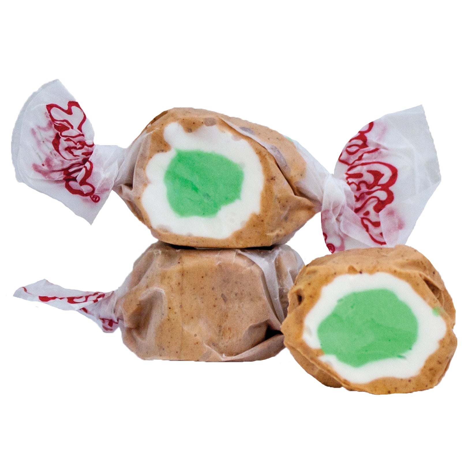 Three Taffy Apple Pie candies in crinkled brown wrappers with red branding