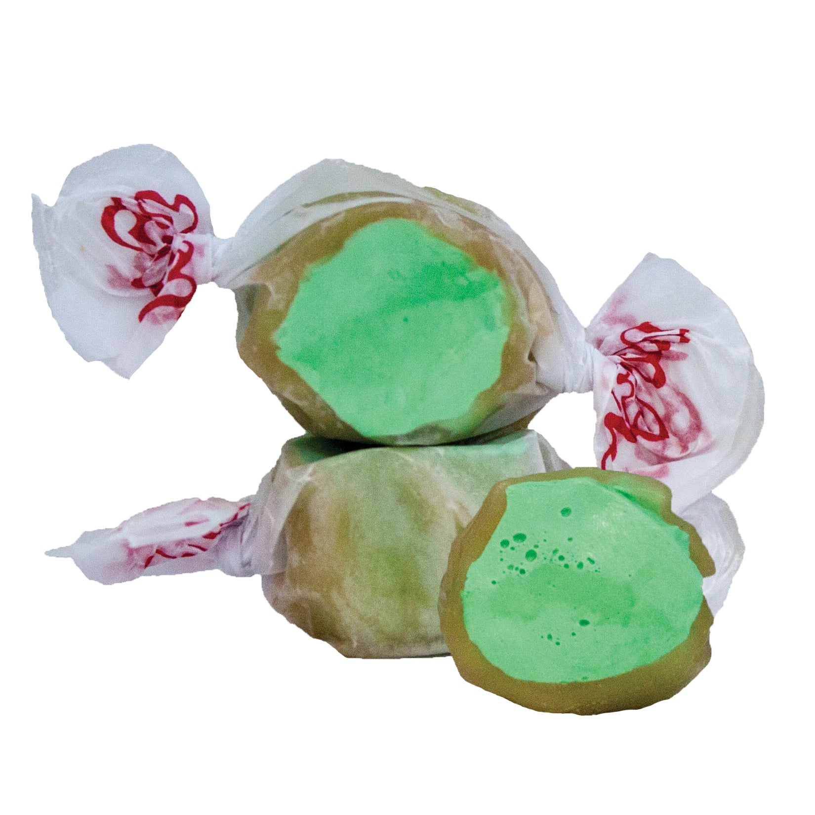 Green and gold Taffy Caramel Apple candies with red logo on white paper