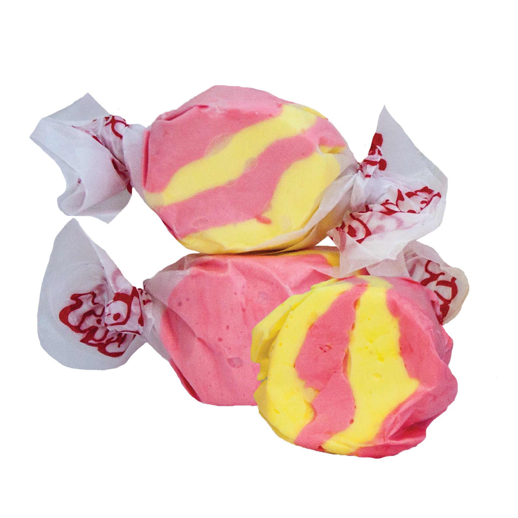 Taffy Strawberry Banana: pink yellow swirled candies in white paper with red branding