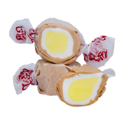 Taffy Banana Cream Pie: caramel taffy with yellow center in red floral wrap