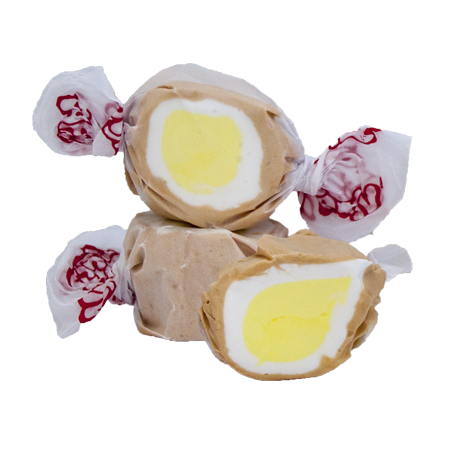 Taffy Banana Cream Pie: caramel taffy with yellow center in red floral wrap