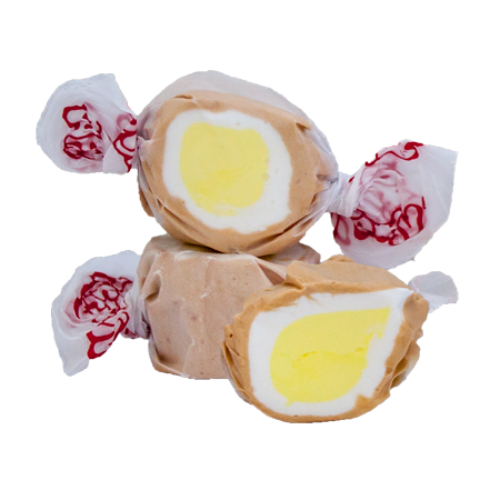 Taffy Banana Cream Pie: caramel taffy with yellow center in red floral wrap