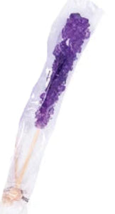 Purple grape rock candy crystals on a stick in clear plastic packaging