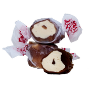 Taffy Chocolate Caramel Mocha: chocolate-covered taffy in white paper with red script