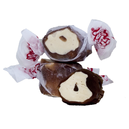 Taffy Chocolate Caramel Mocha: chocolate-covered taffy in white paper with red script