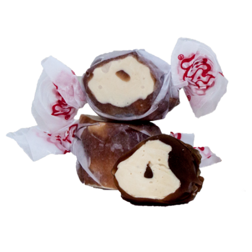 Taffy Chocolate Caramel Mocha: chocolate-covered taffy in white paper with red script