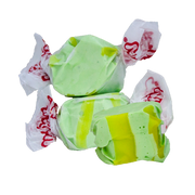 Taffy Golden Pear lime-green and yellow striped taffy candies in white paper with red branding