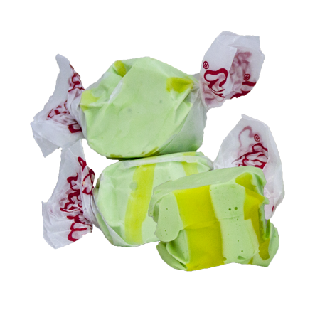Taffy Golden Pear lime-green and yellow striped taffy candies in white paper with red branding