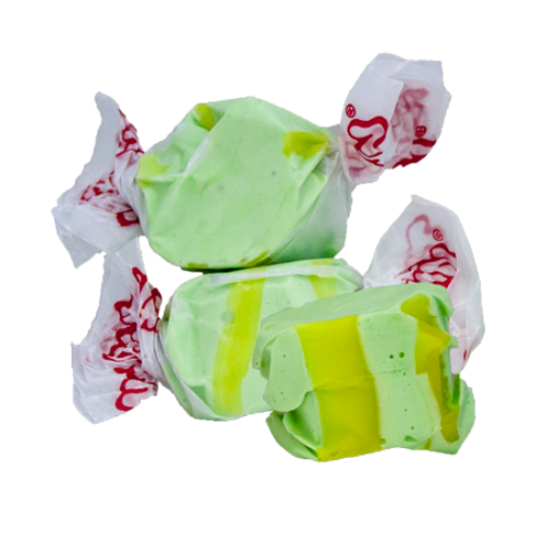 Taffy Golden Pear lime-green and yellow striped taffy candies in white paper with red branding